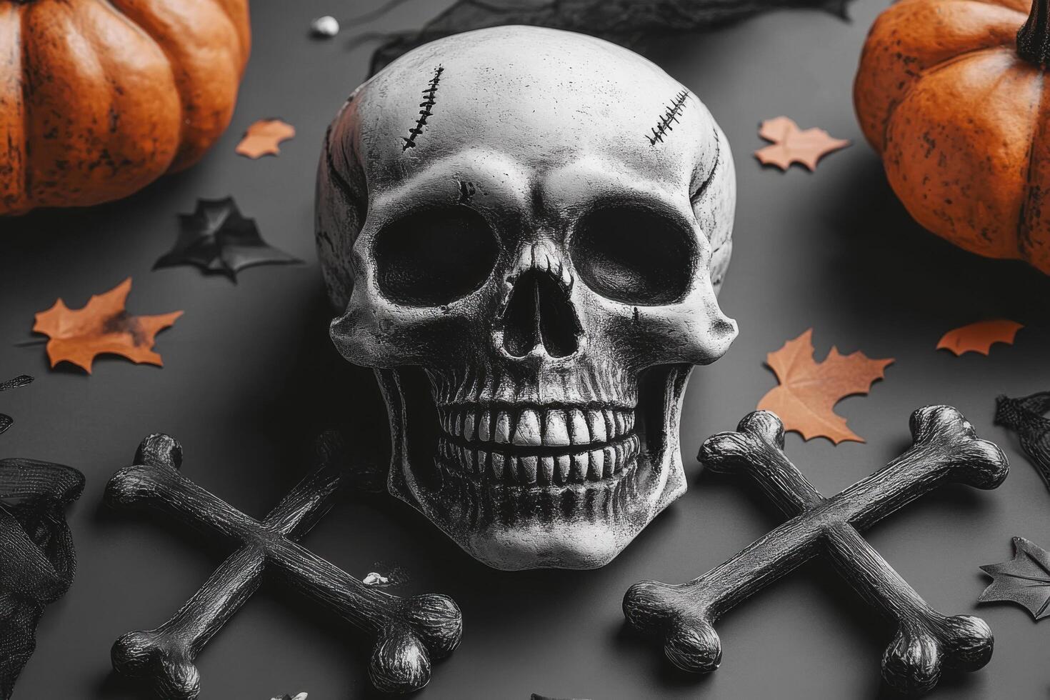 Halloween Skull and Crossbones with Pumpkins and Autumn Leaves on Black Background photo