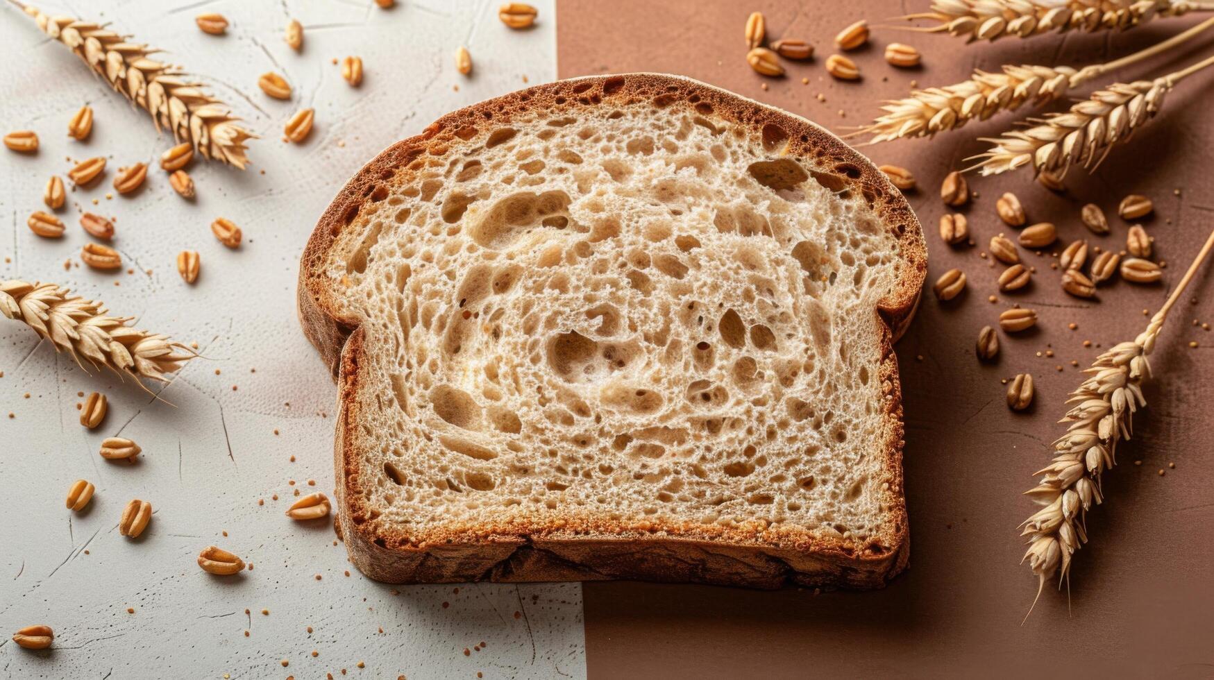 Close-up of a Slice of Whole Wheat Bread with Wheat Stalks and Grains on a Rustic Background photo