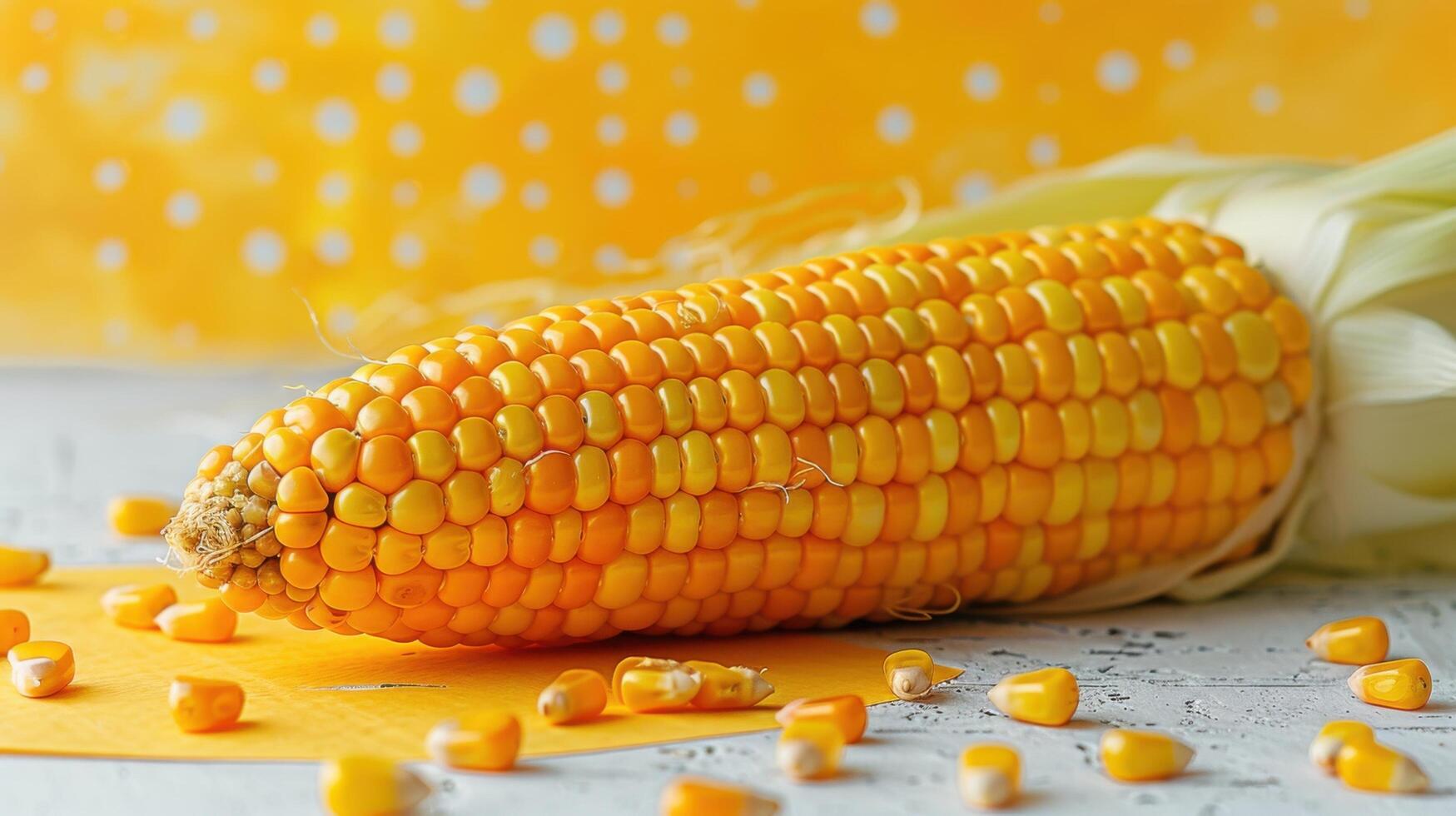 Fresh Yellow Corn on the Cob with Kernels on a Rustic White Table and Bright Yellow Background photo