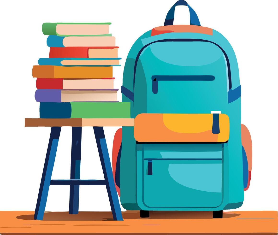 Blue backpack standing near stack of books on wooden stool vector