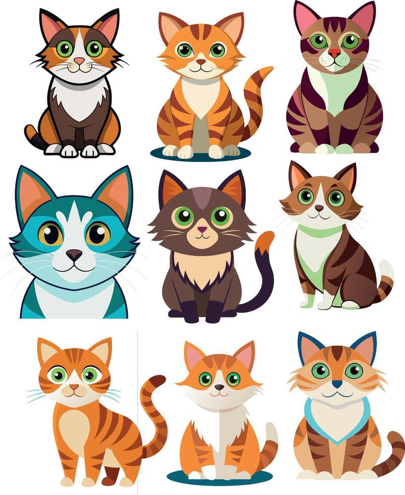 Nine cute cartoon cats with different colors sitting and smiling vector