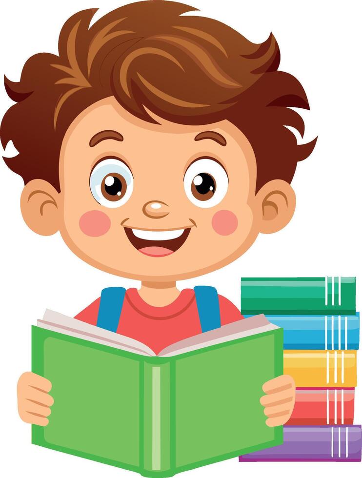 Happy schoolboy reading a book with stack of books vector