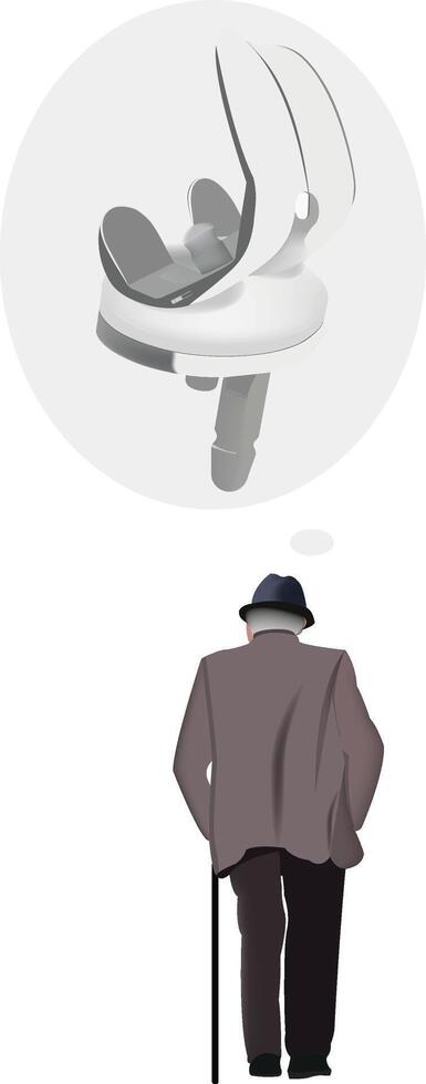 Elderly man walking with cane dreaming of a bionic hip replacement surgery vector