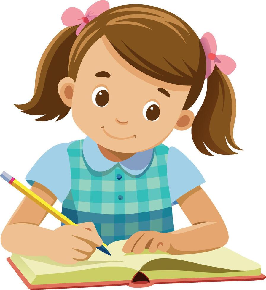 Cute young girl writing in notebook with pencil vector