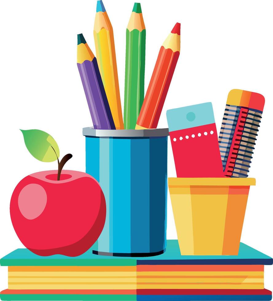 Bright colored pencils in a can sitting on books for school vector