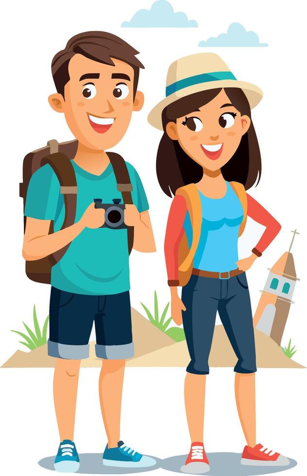 Young tourist couple walking and taking pictures during vacation vector