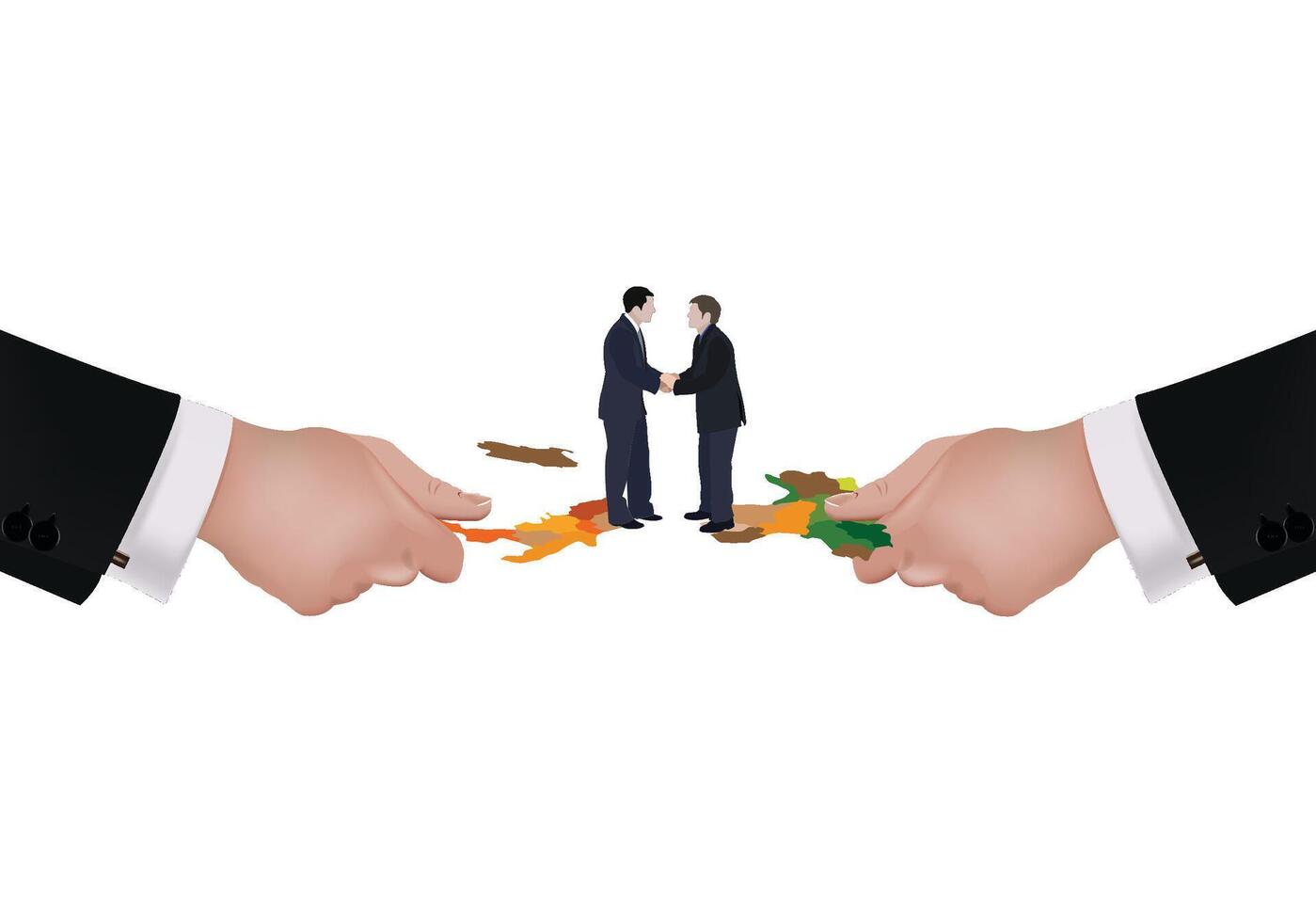 Two businessmen shaking hands on a world map held by giant hands vector