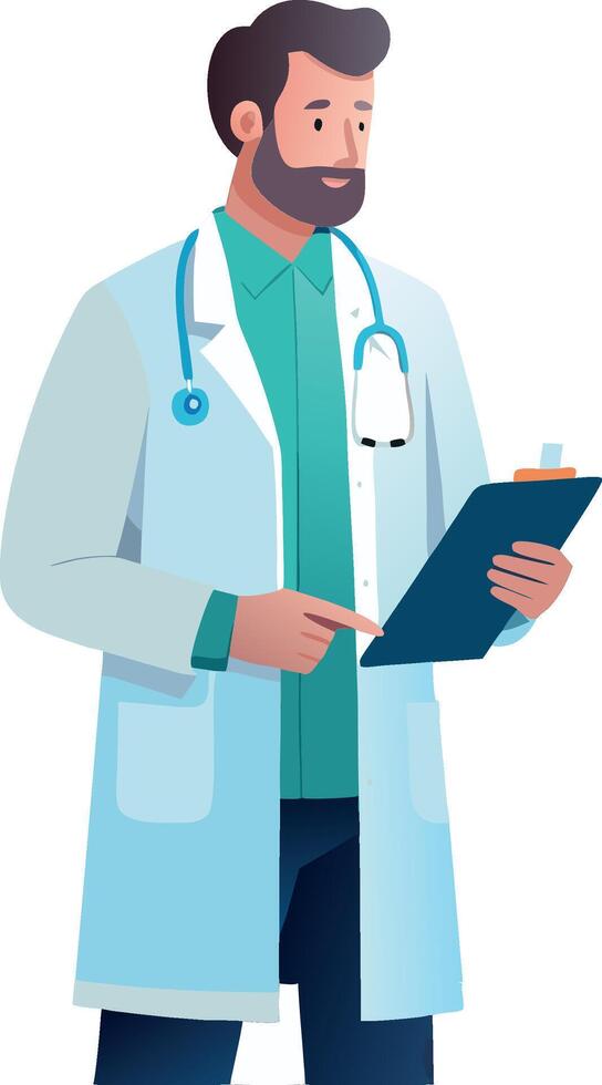Confident male doctor reviewing medical chart, healthcare professional- vector