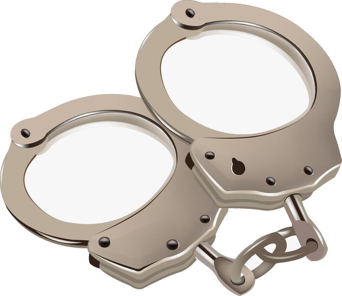 Pair of metallic handcuffs lying on white background vector