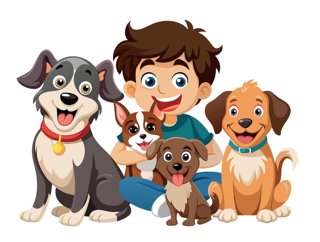 Happy boy smiling and posing with four dogs on white background vector