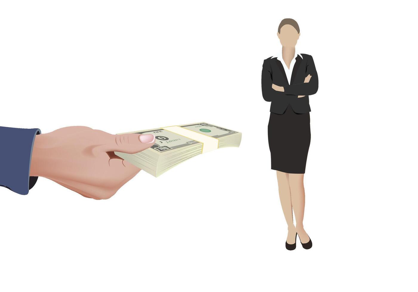 Businessman giving stack of money to businesswoman vector