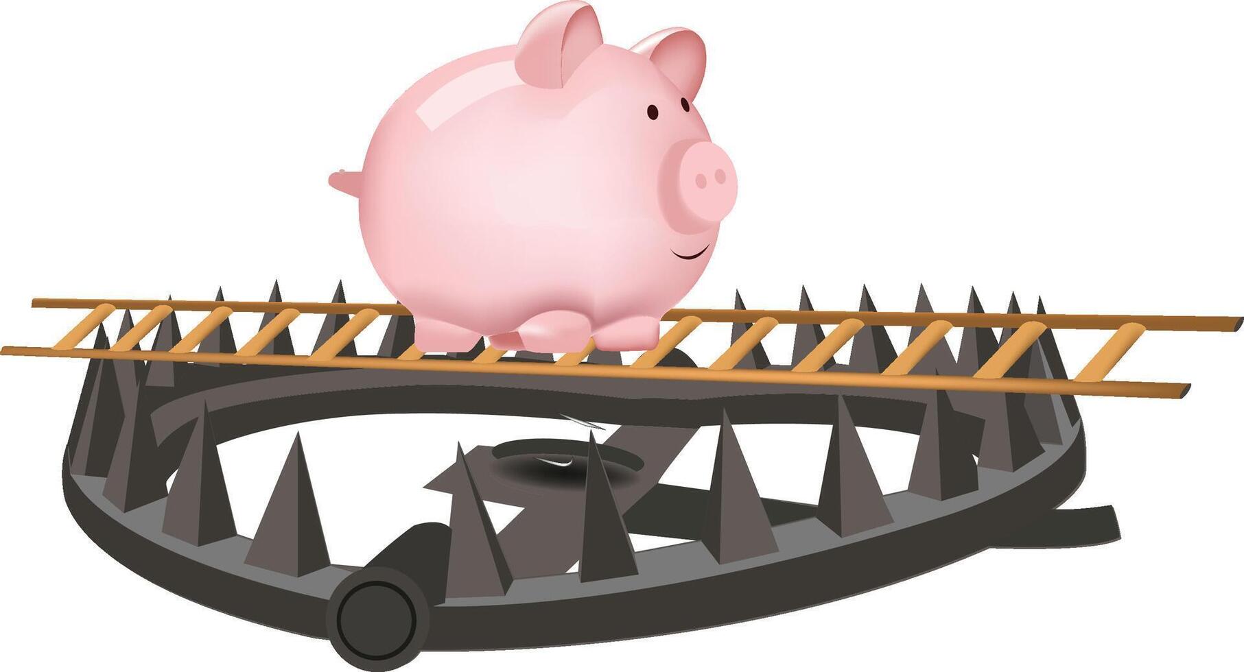 Piggy bank walking on ladder over bear trap vector