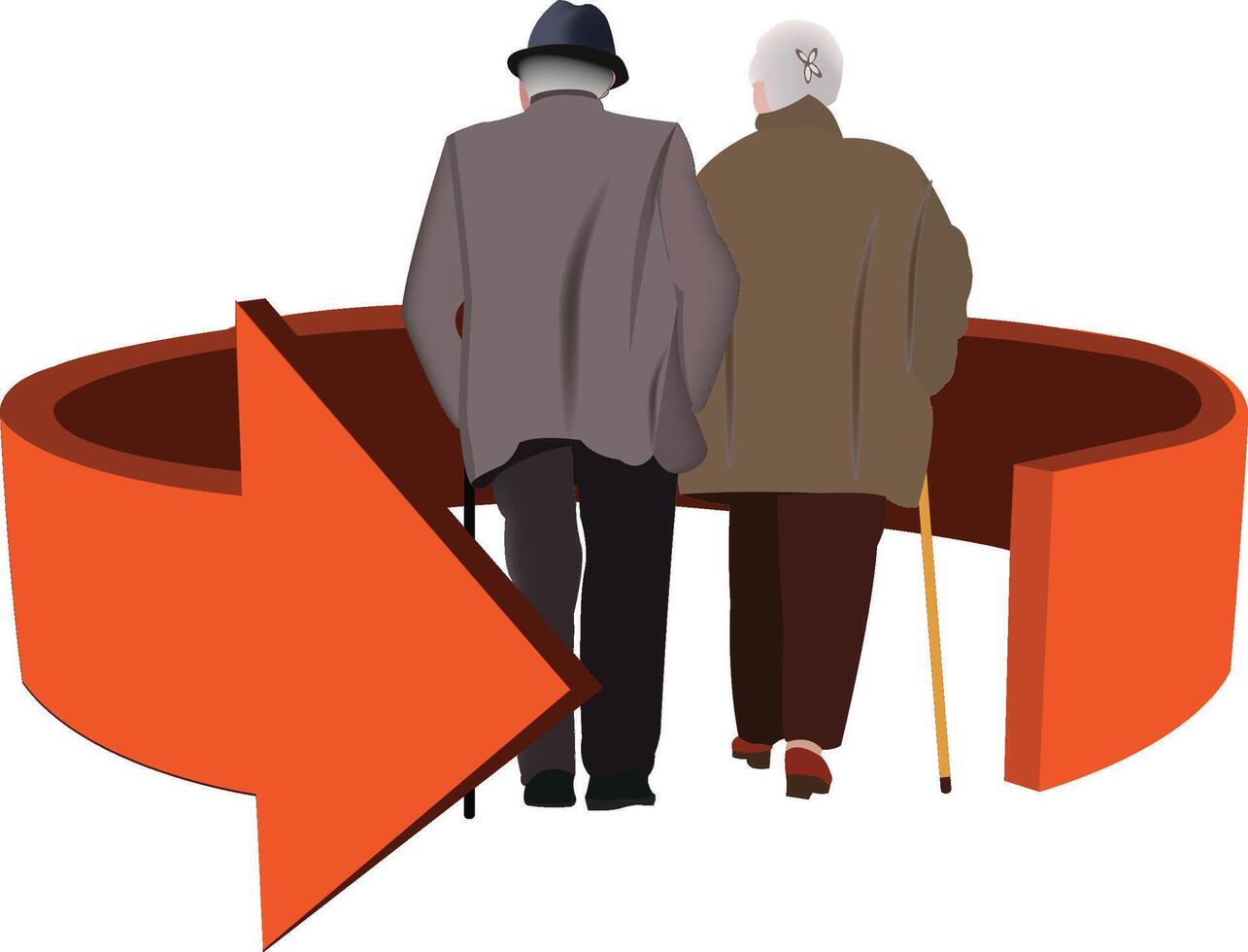 Elderly couple walking away from red circular arrow vector