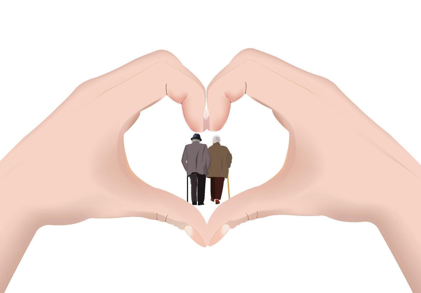 Hands making heart shape around elderly couple walking vector