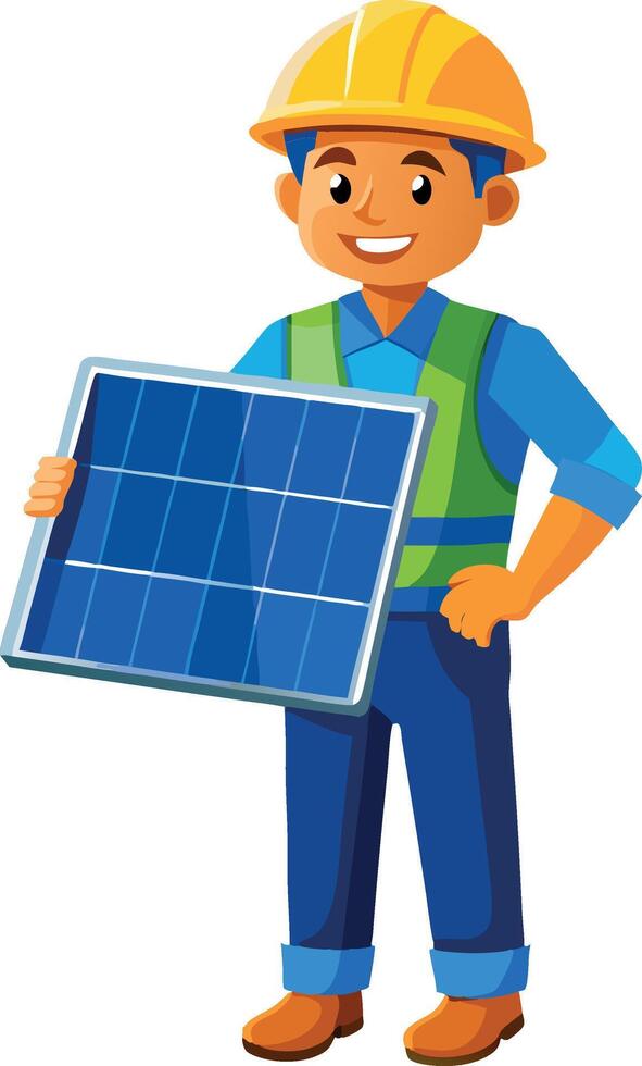 Smiling technician holding a photovoltaic solar panel vector