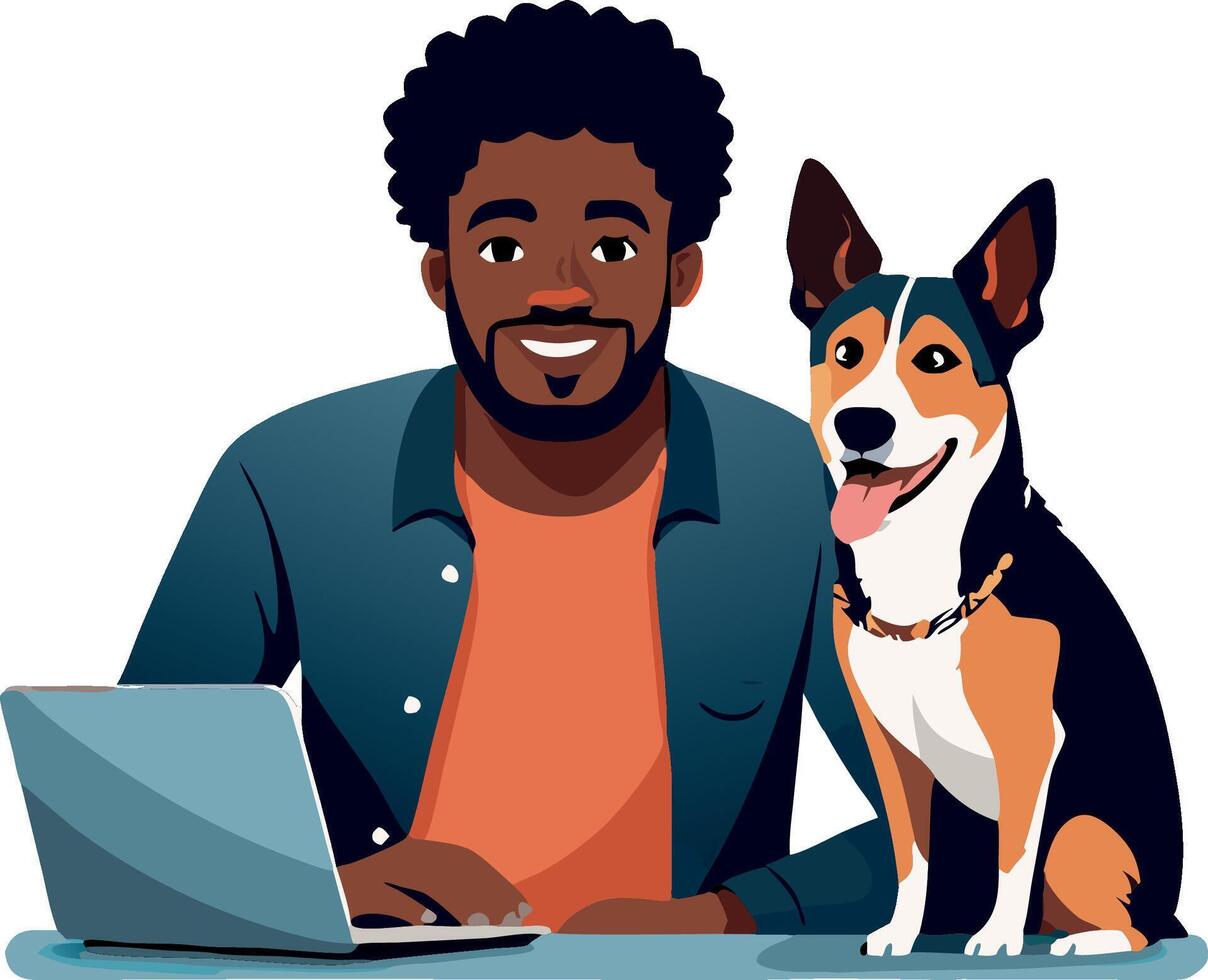Young man working from home with his dog sitting on the desk vector