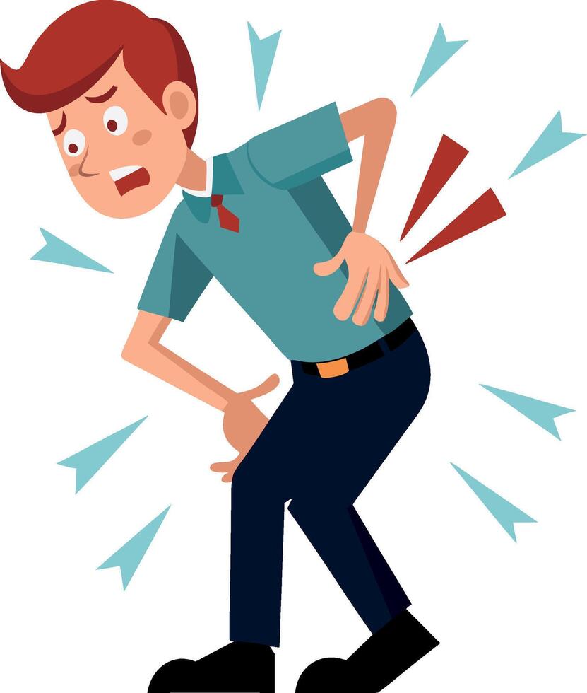 Office worker suffering from back pain while standing vector