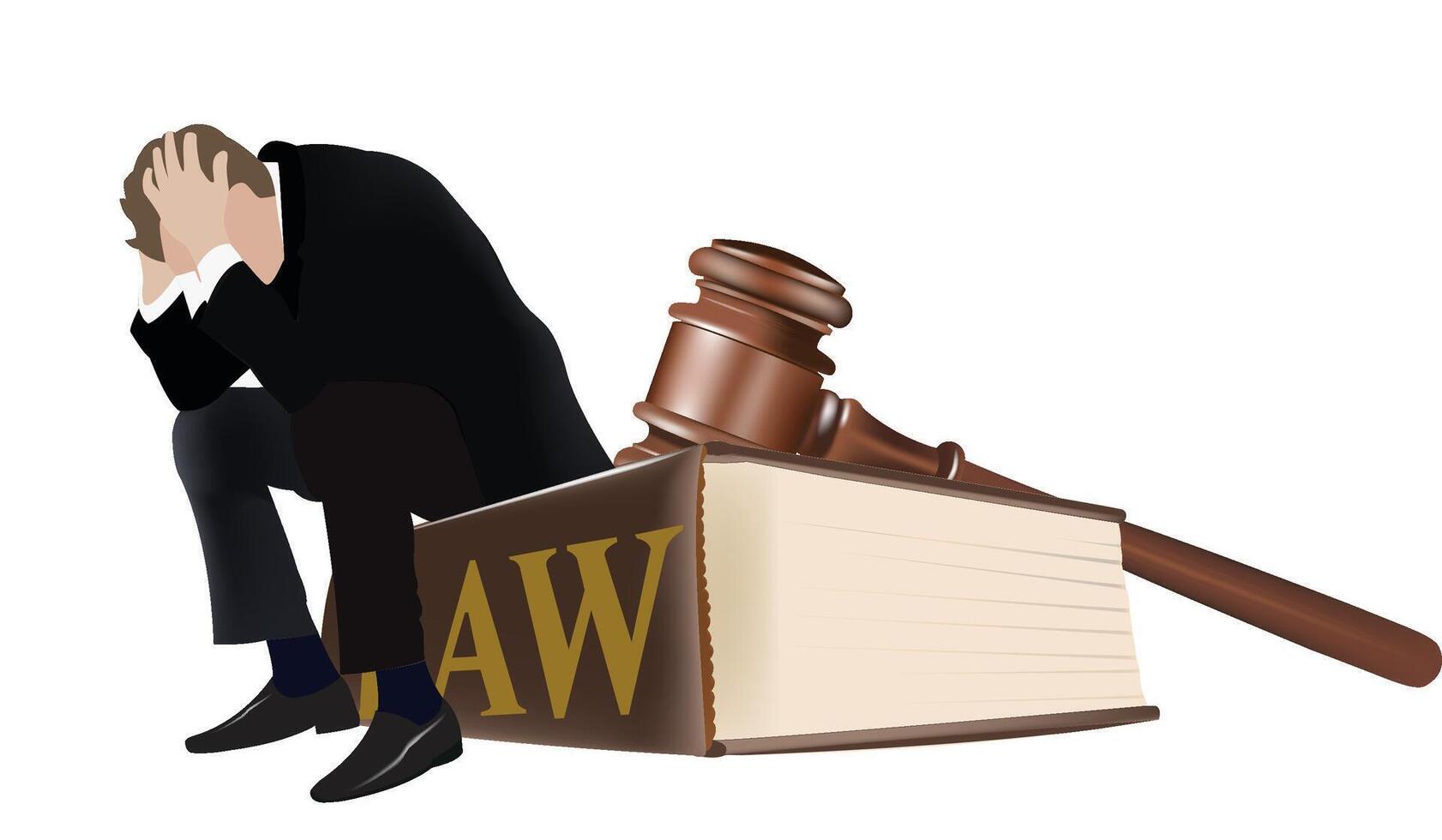 Businessman suffering from stress sitting on law book with gavel vector