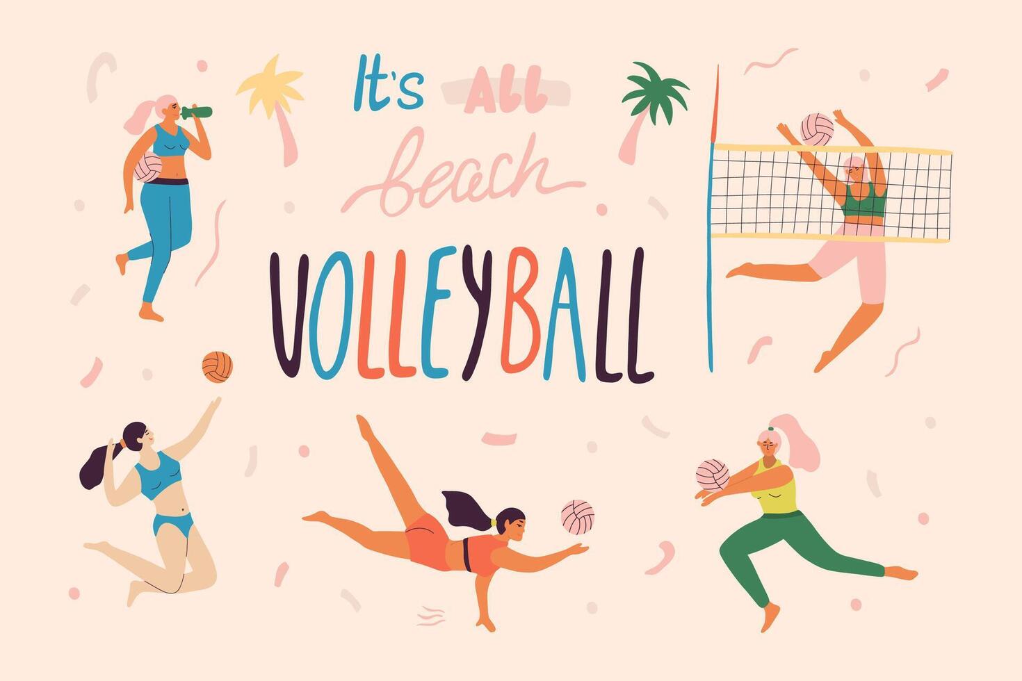 Beach volleyball players in dynamic poses. vector