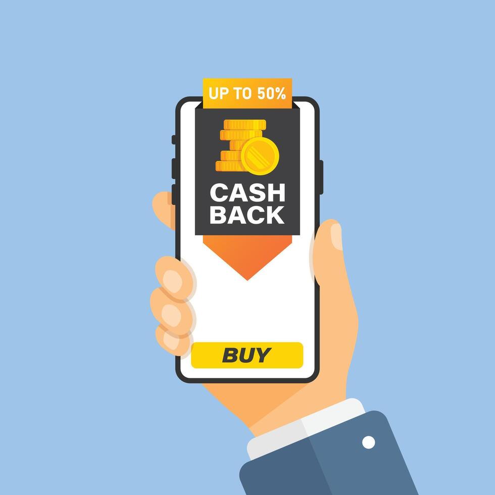 Cashback with smartphone in hand icon in flat style. Money back label illustration on isolated background. Cash back poster sign business concept. vector