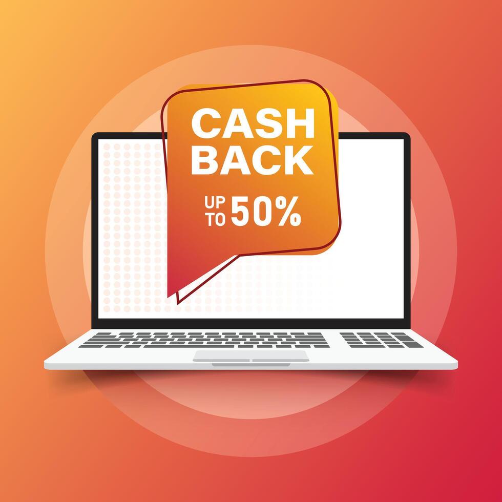 Cashback with computer laptop icon in flat style. Money back label illustration on isolated background. Cash back poster sign business concept. vector