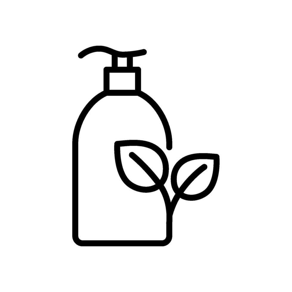 Lotion bottle with leaves outline icon. Biodegradable package symbol. Editable stroke vector