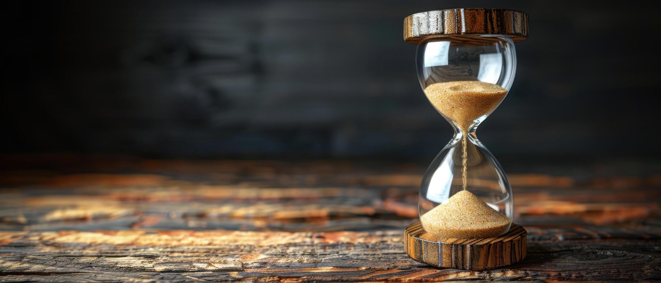 Rustic Wooden Hourglass with Flowing Sand on Weathered Wooden Table in Dimly Lit Room photo