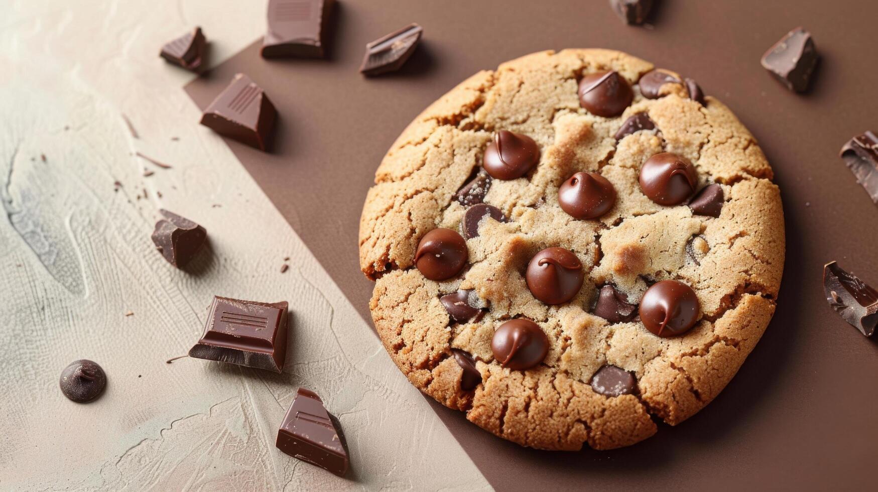 Delicious Chocolate Chip Cookie with Chunks of Dark Chocolate on a Rustic Background photo