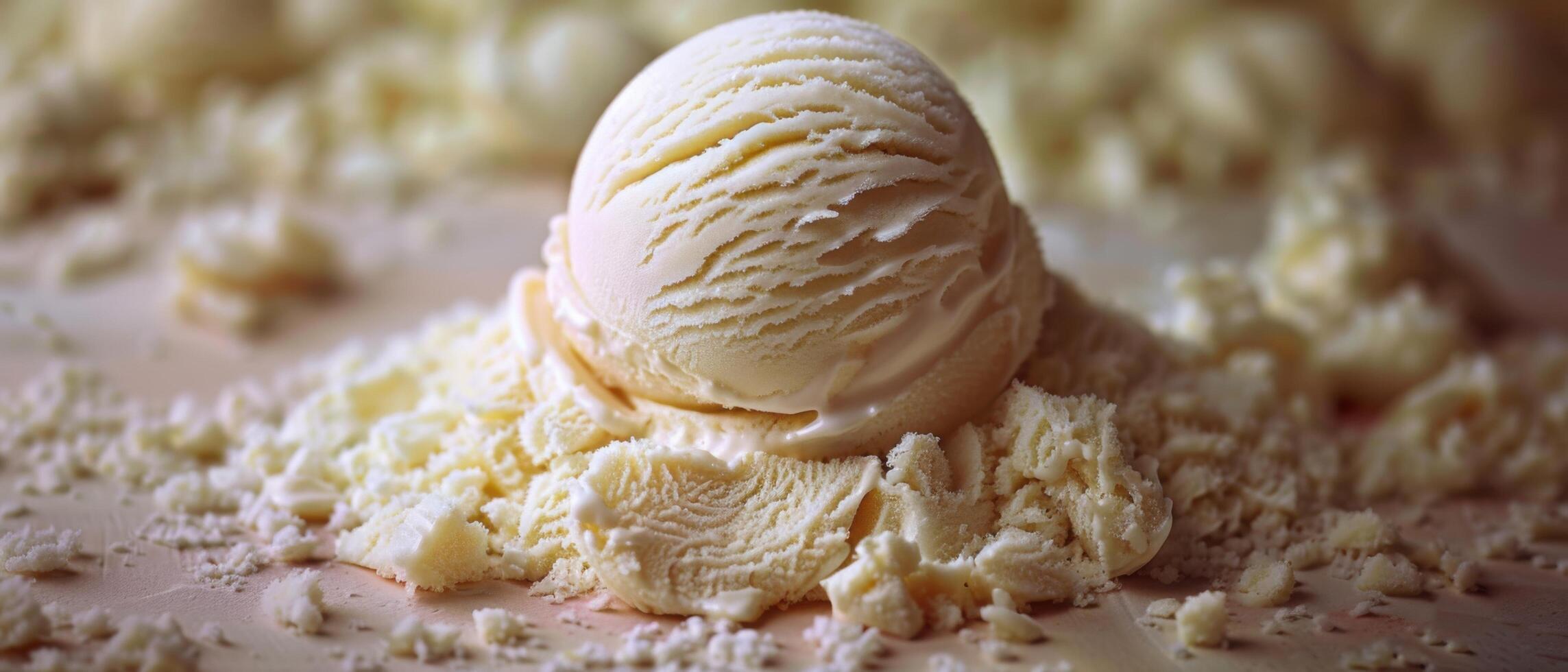 Close-Up of a Vanilla Ice Cream Scoop on a Bed of Shaved White Chocolate photo
