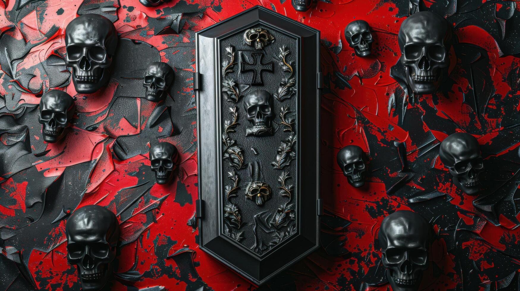 Gothic Black Coffin with Skulls and Cross on Red Background - Dark and Mysterious Halloween Decor photo