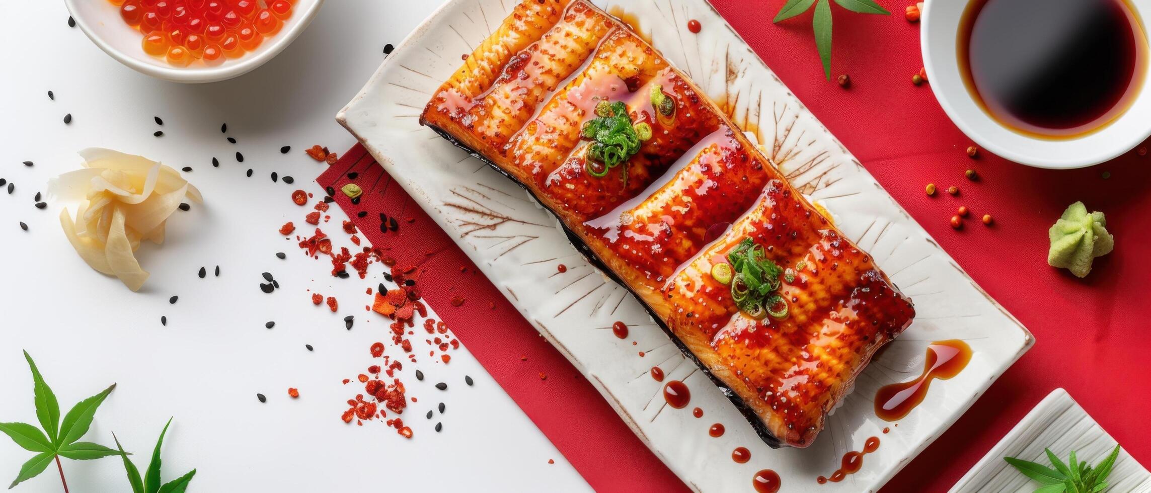 Delicious Grilled Eel Sushi with Soy Sauce and Garnishes on a White Plate with Red Background photo