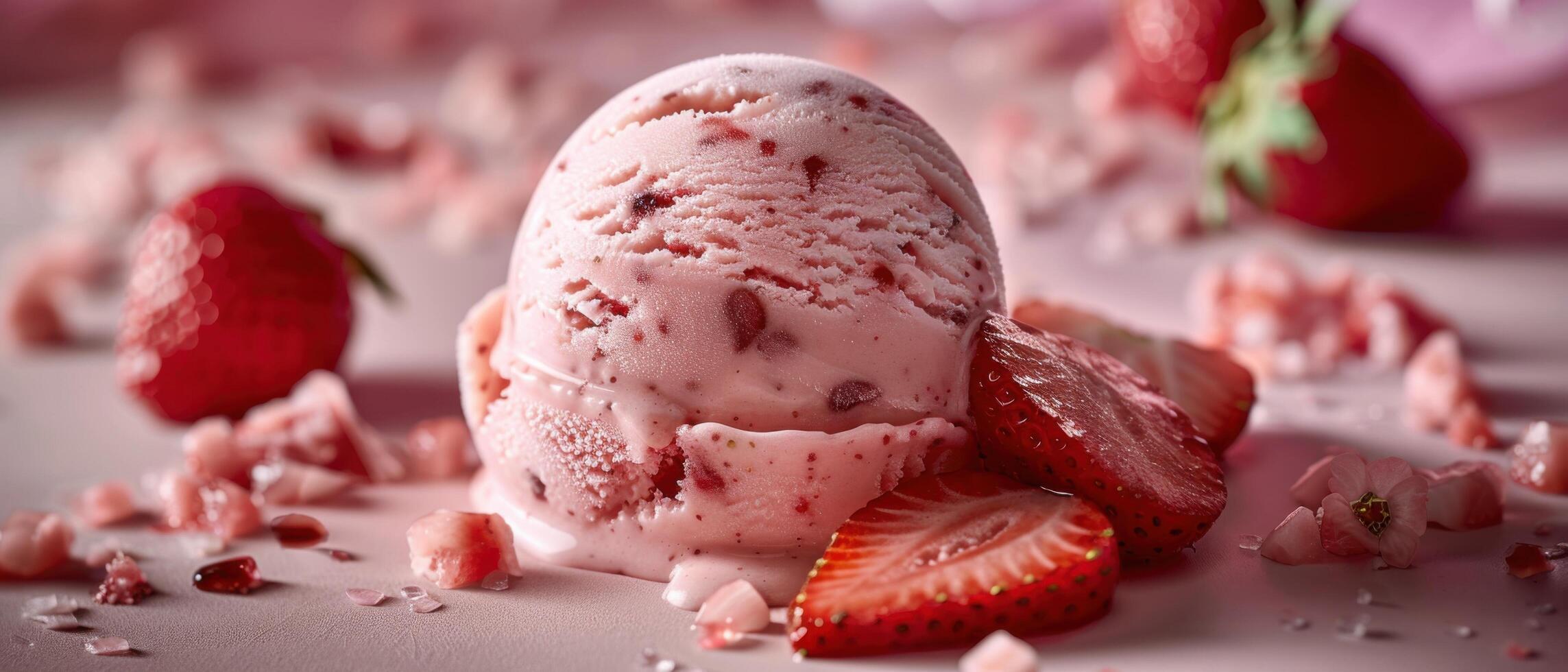 Delicious Strawberry Ice Cream Scoop with Fresh Strawberries on Pink Background photo