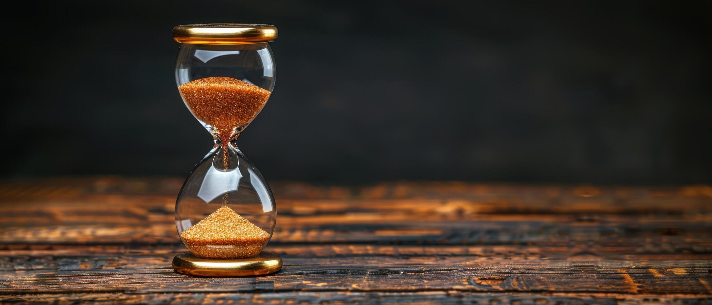 Elegant Hourglass with Golden Sand on Rustic Wooden Table, Symbolizing Time and Patience photo