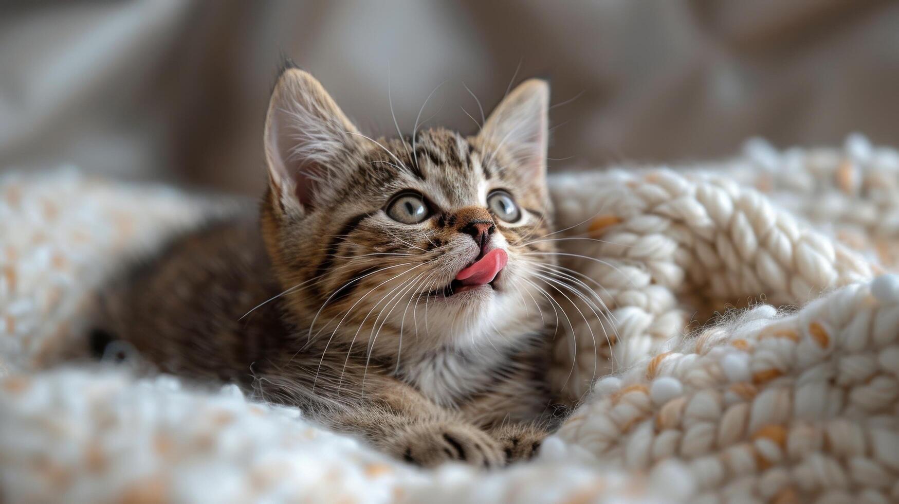 Adorable Tabby Kitten Lying on Cozy Knitted Blanket with Tongue Out photo