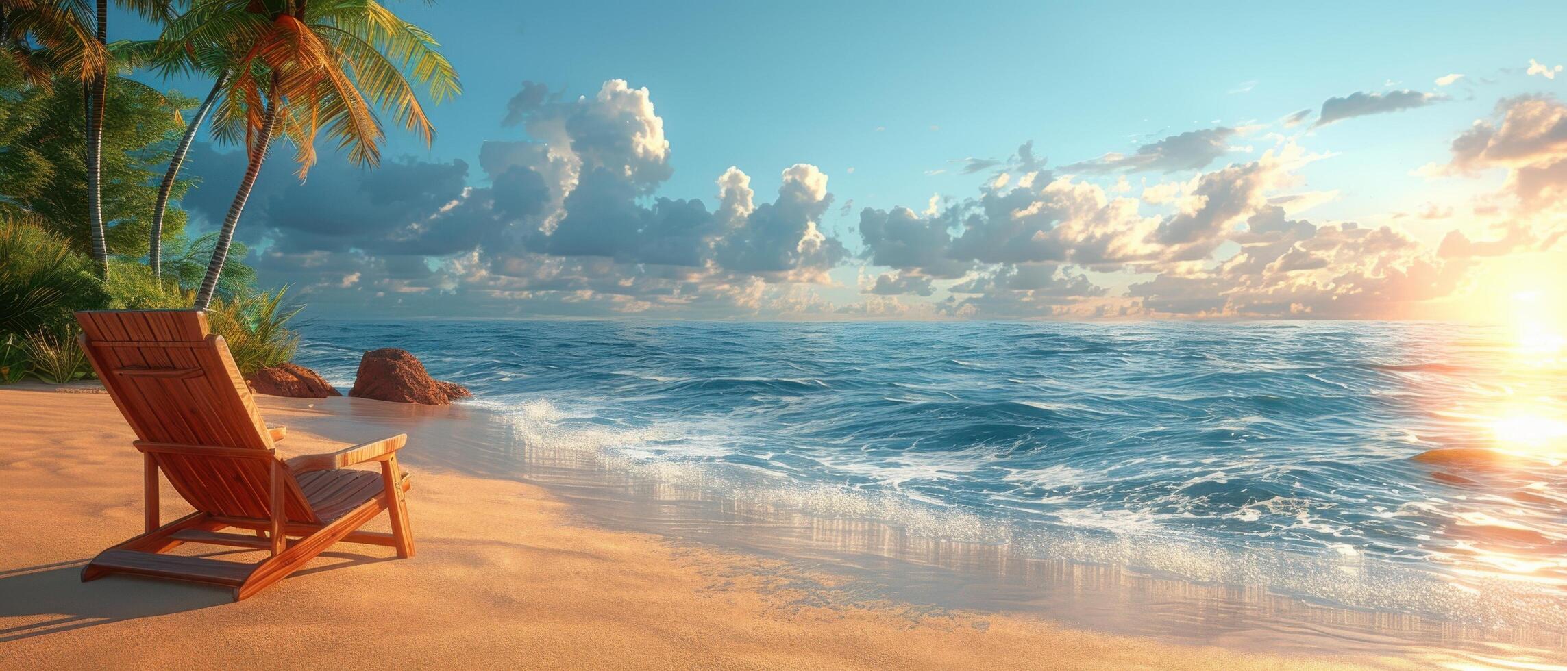 Serene Tropical Beach at Sunset with Palm Trees and Wooden Lounge Chair by the Ocean photo