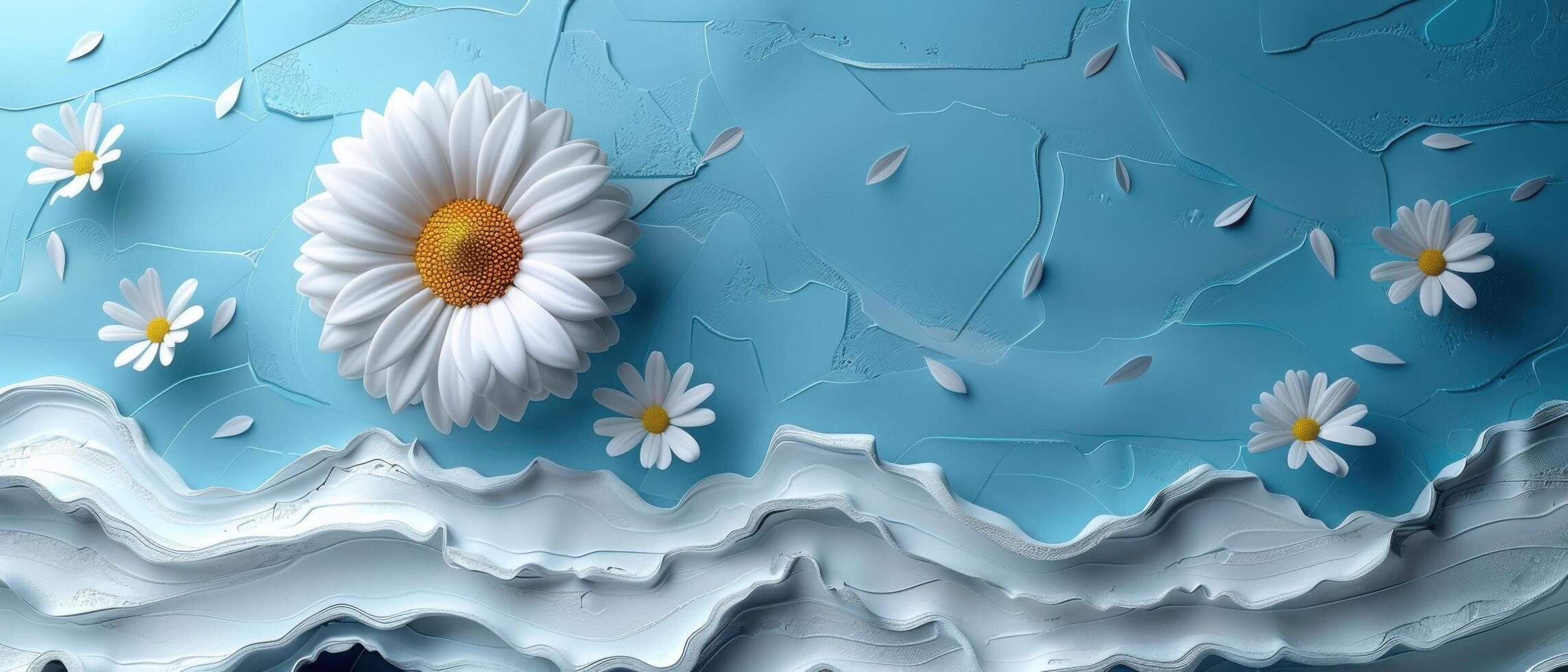 Abstract 3D Render of White Daisies on a Textured Blue Background with Layered Paper Effect photo