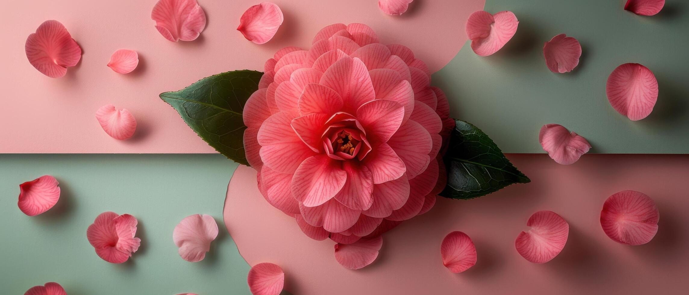 Beautiful Pink Camellia Flower with Petals on Colorful Background - Nature and Floral Photography photo