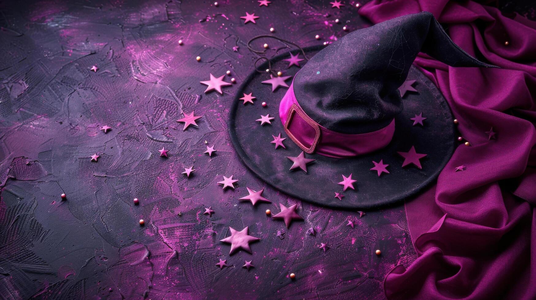 Enchanting Witch Hat with Stars and Fabric on Mystical Purple Background for Halloween photo
