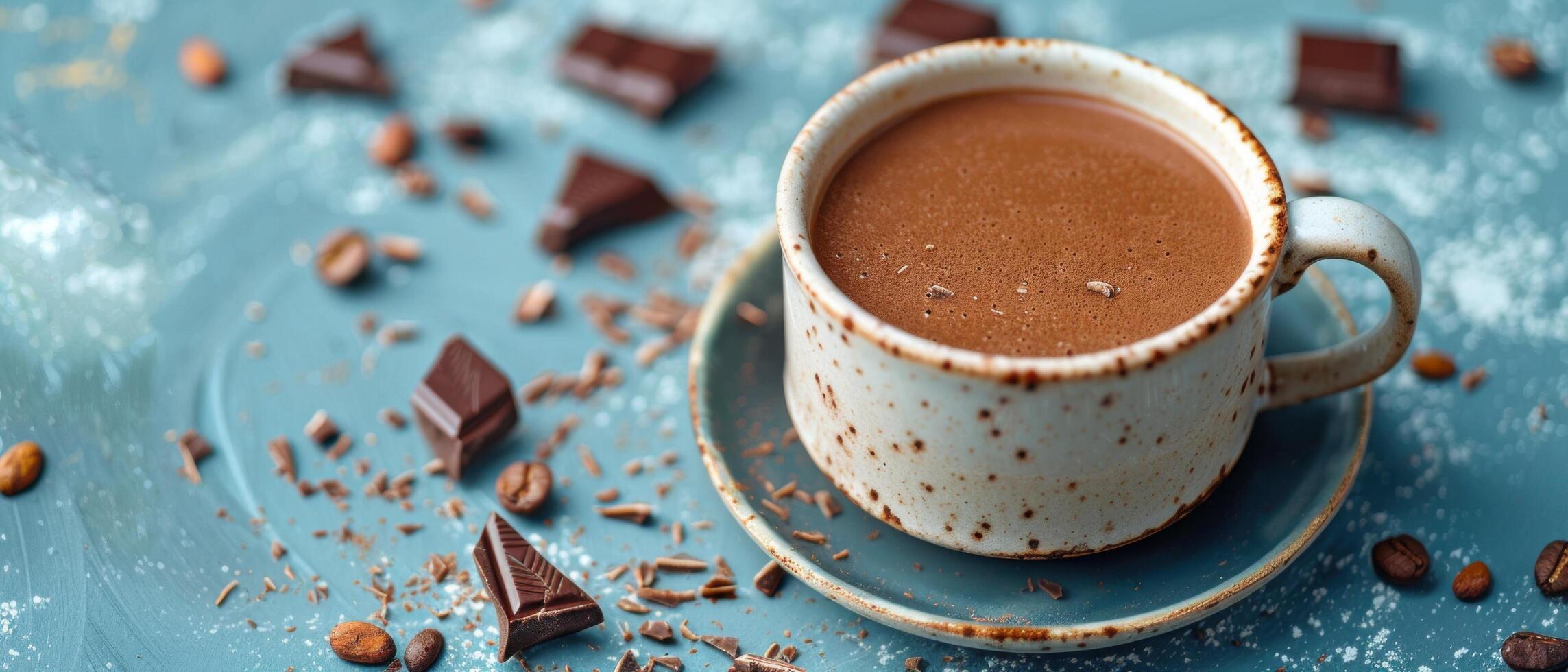 Rustic Ceramic Cup of Hot Chocolate with Chocolate Pieces and Coffee Beans on Blue Background photo
