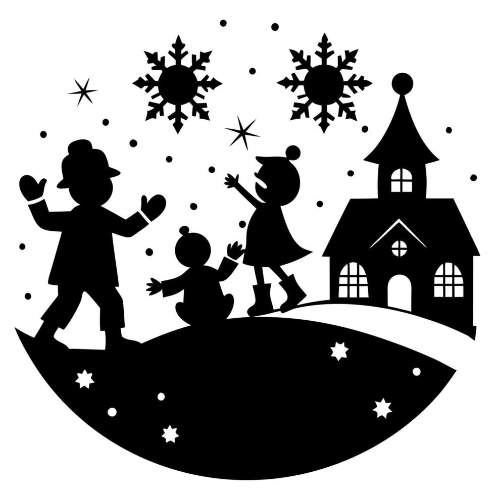 Kids making Snowman Christmas silhouette scene illustration vector