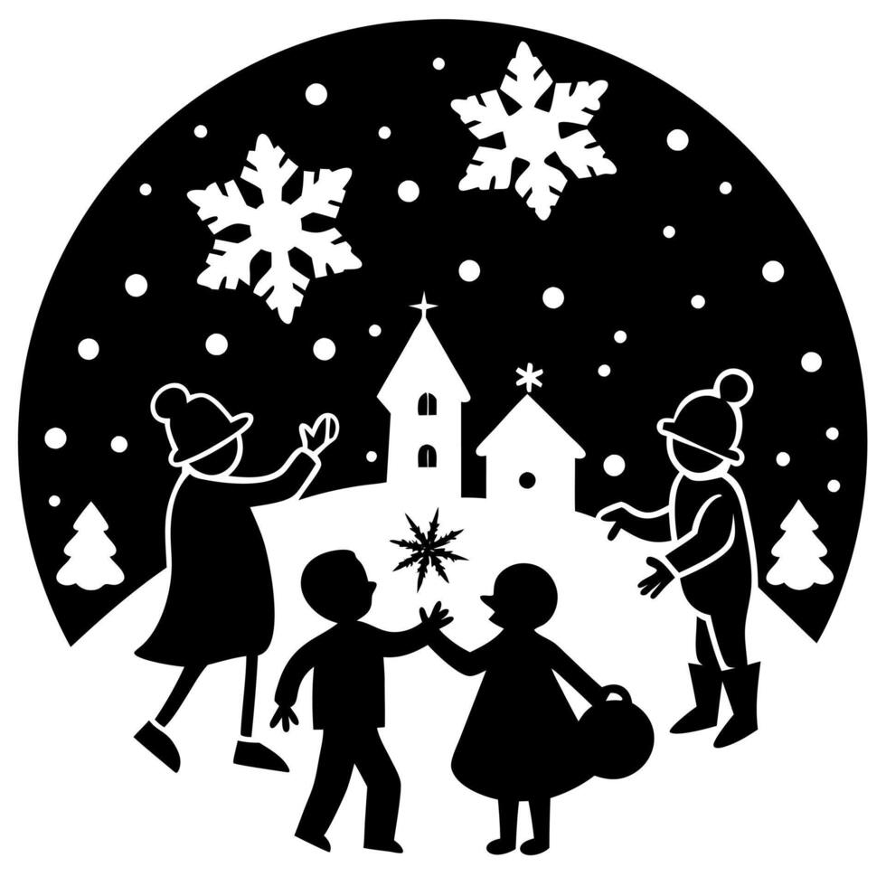 Kids making Snowman Christmas silhouette scene illustration vector