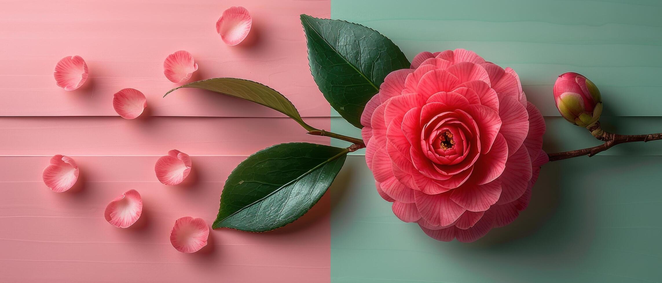 Beautiful Pink Camellia Flower with Green Leaves on a Split Pink and Green Background photo
