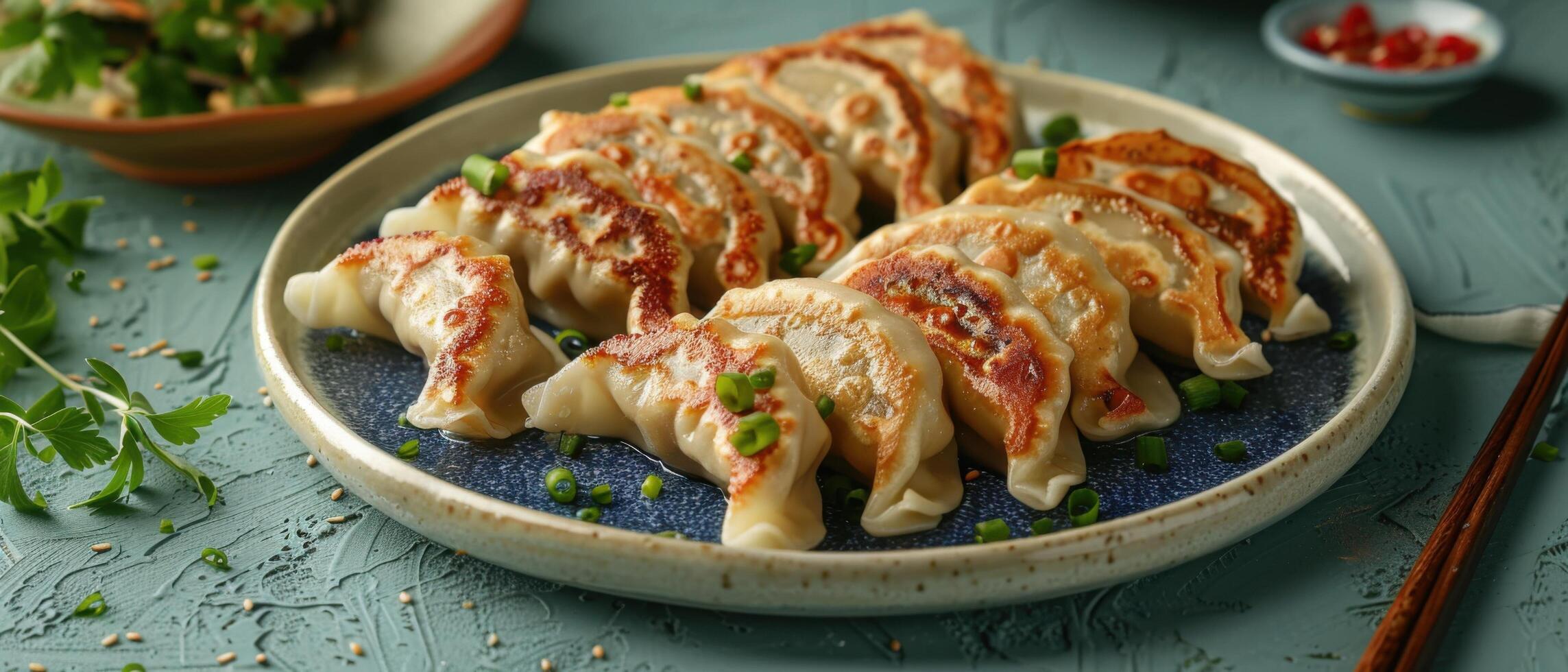 Delicious Pan-Fried Dumplings on a Ceramic Plate with Fresh Garnish and Dipping Sauce on a Textured Table photo