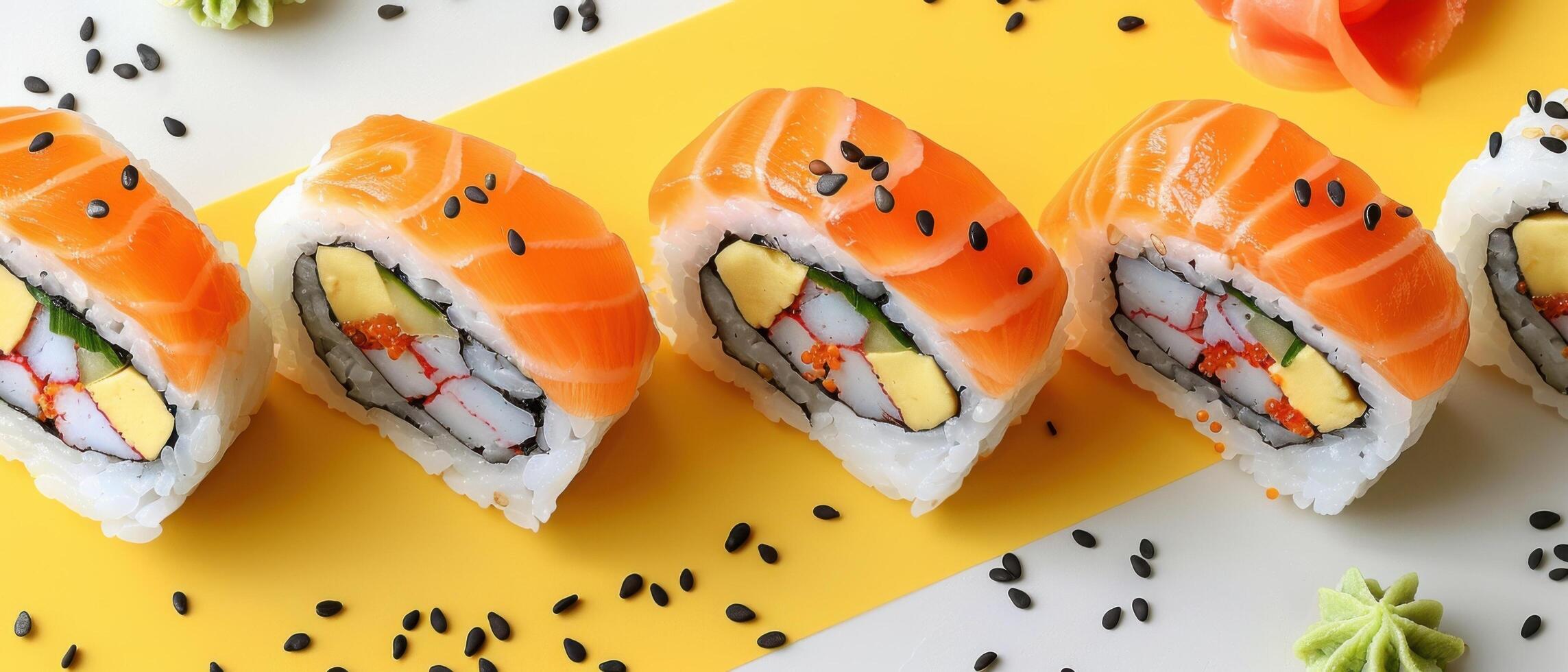 Fresh and Colorful Sushi Rolls with Salmon, Avocado, and Crab on a Yellow Background photo