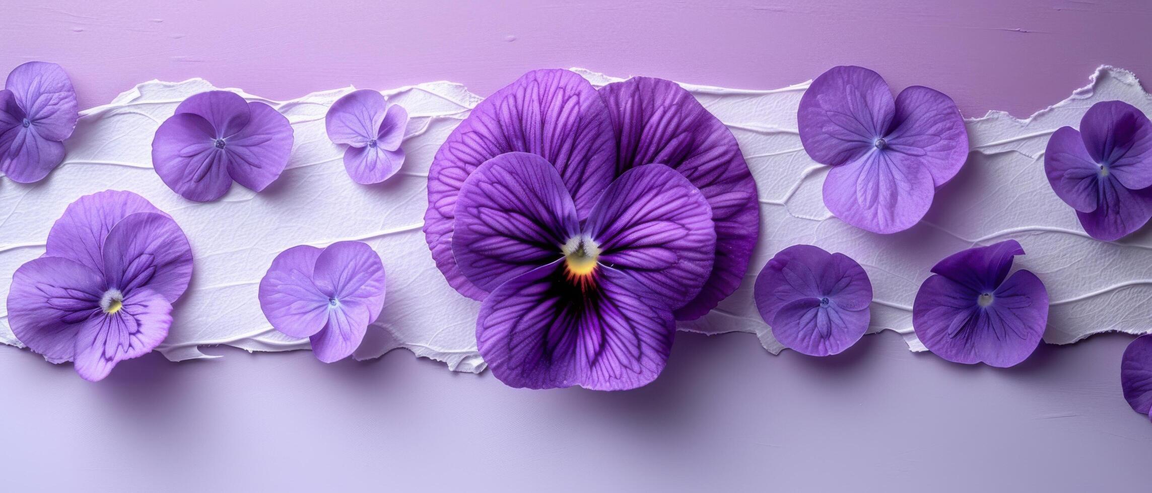 Beautiful Purple Pansies on Textured White and Purple Background - Floral Art and Nature Photography photo