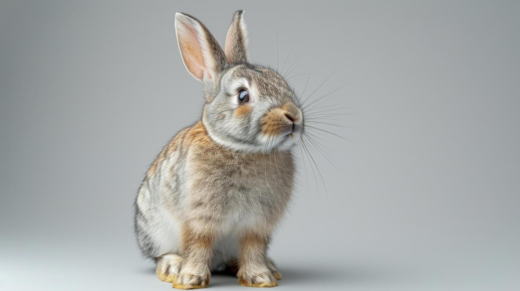 Adorable Grey Rabbit with Fluffy Fur Sitting Against a Plain Grey Background photo