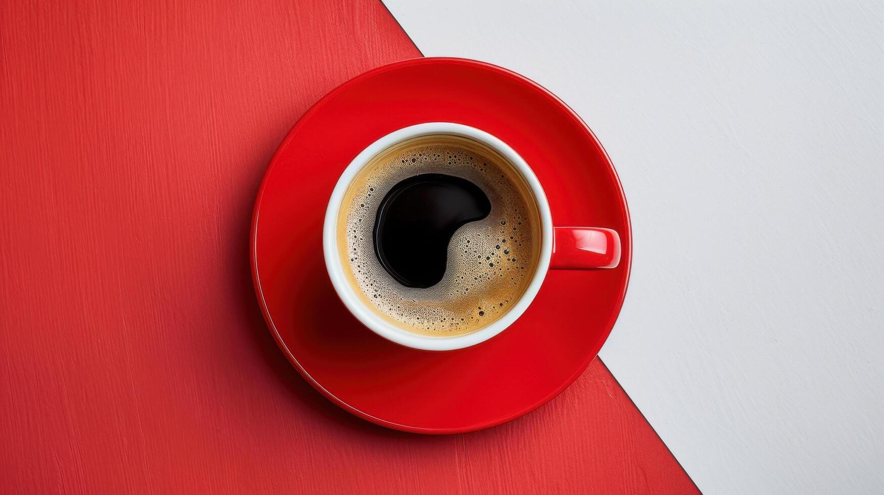 Top View of a Red Coffee Cup on a Red and White Background - Minimalist Design and Modern Aesthetic photo