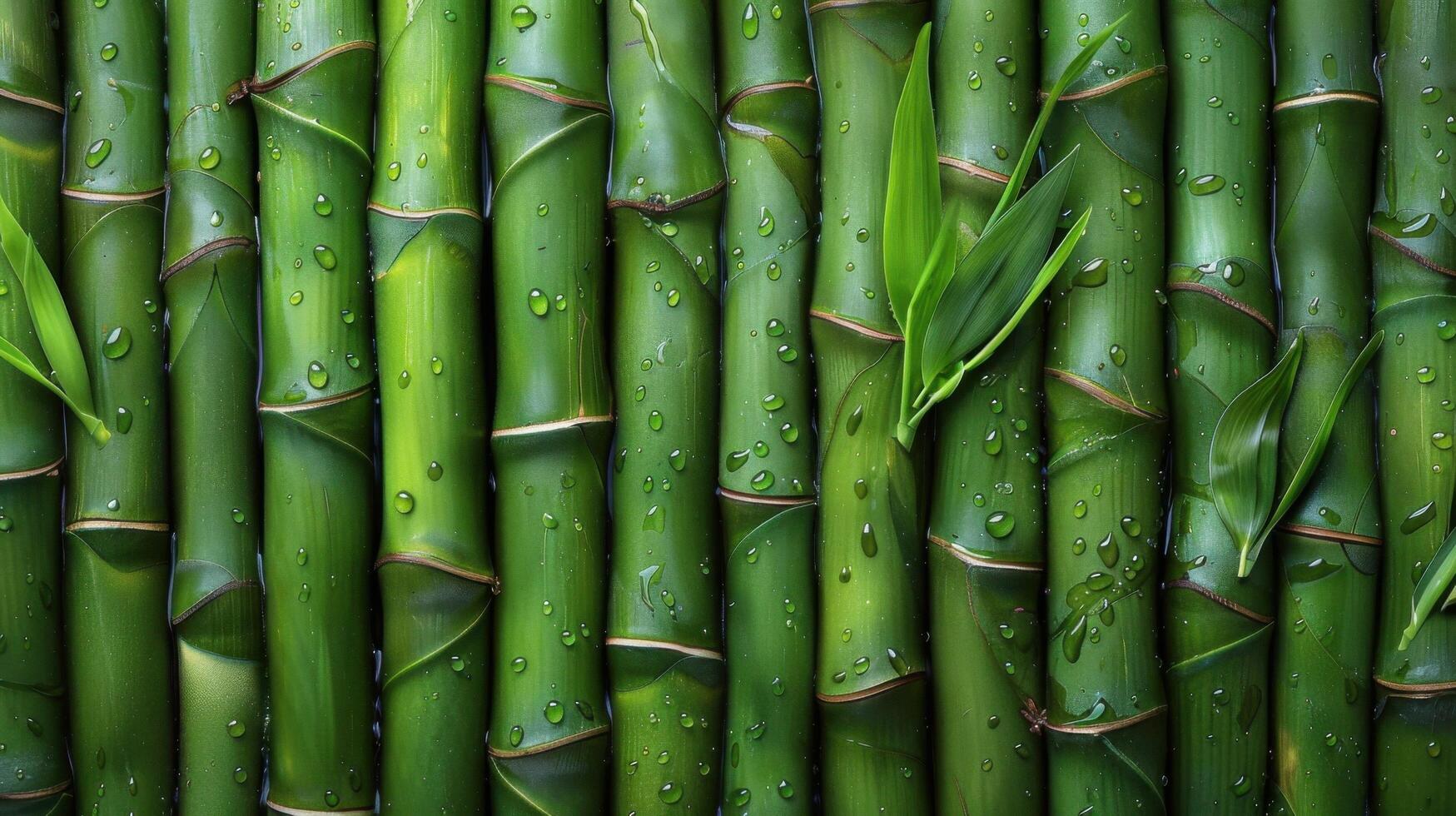Close-Up of Fresh Green Bamboo Stalks with Dew Drops and Leaves in a Natural Setting photo