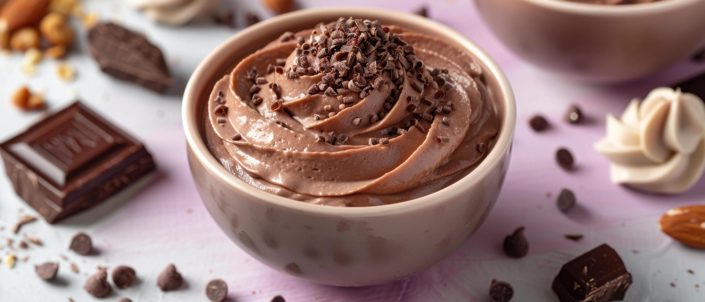 Delicious Chocolate Mousse in a Ceramic Bowl with Chocolate Shavings and Ingredients on a Light Background photo