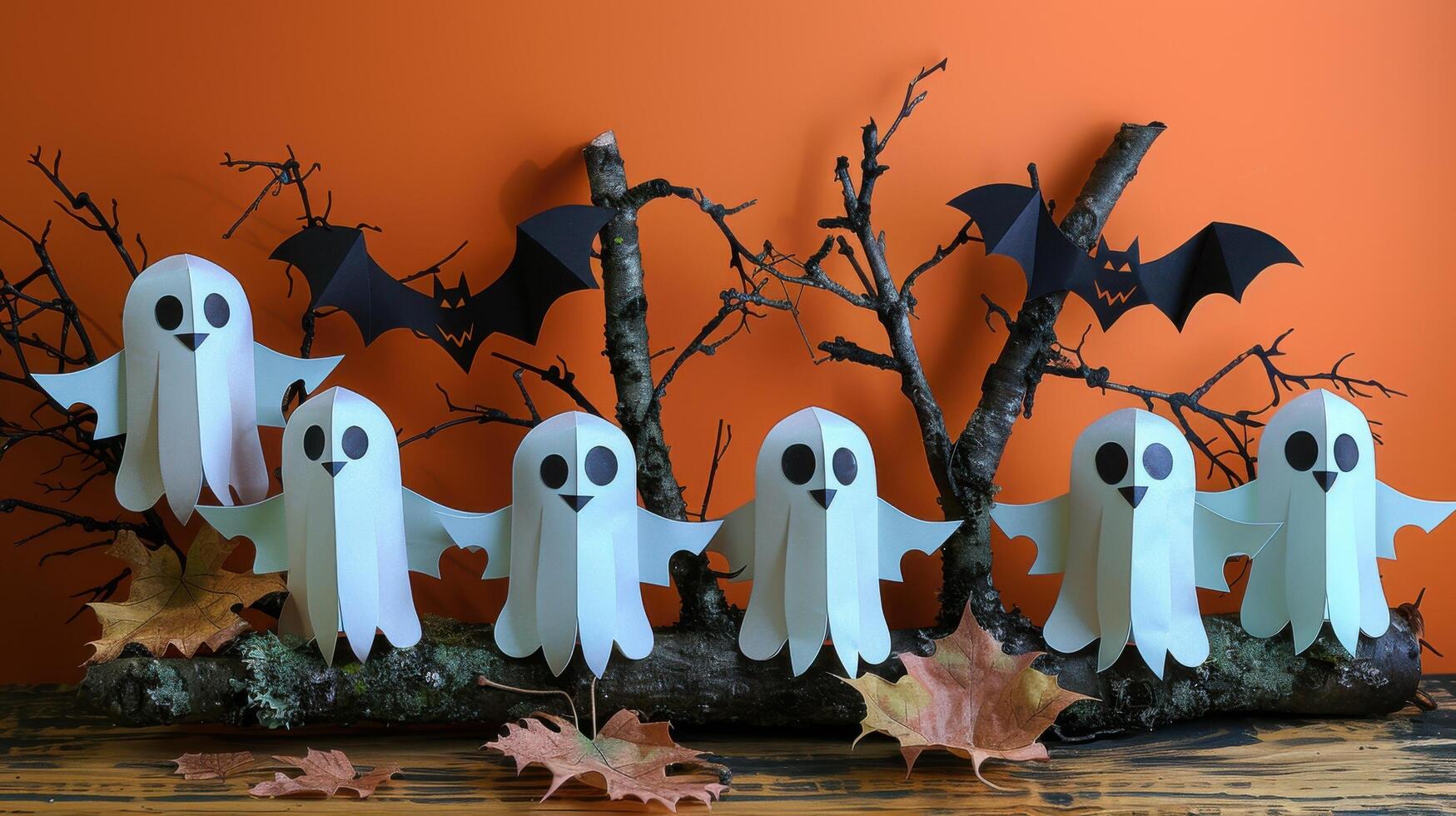 Halloween Decorations with Paper Ghosts and Bats on Branches Against Orange Background photo